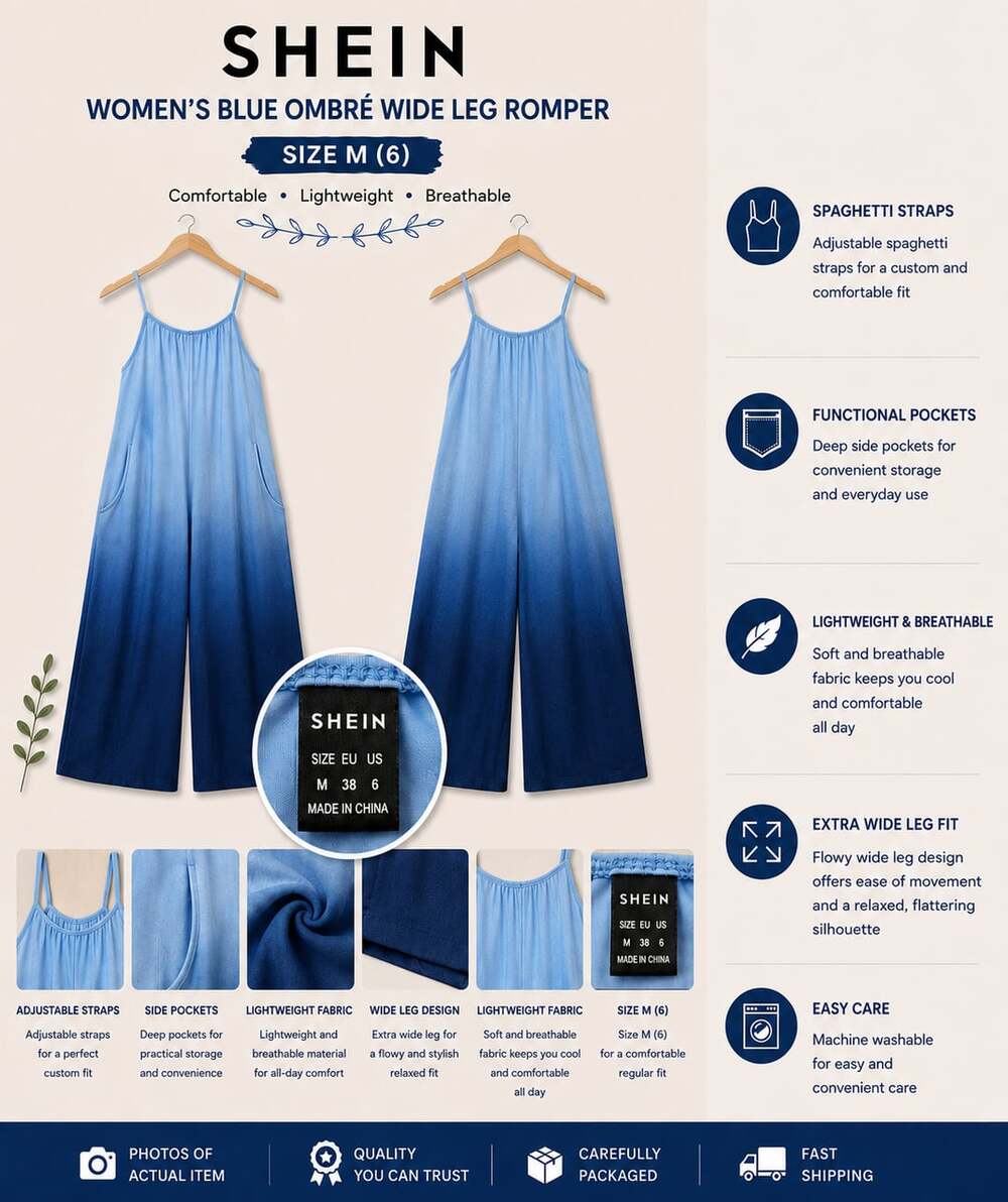 SHEIN Women's Blue Ombré Wide Leg Spaghetti Strap Romper